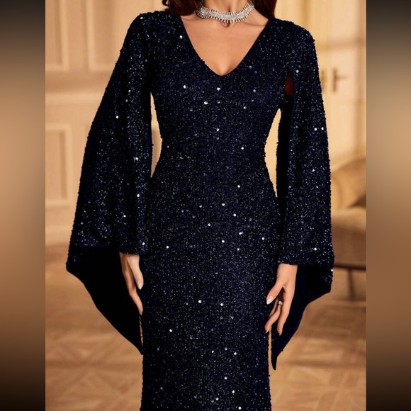 Luxe V neck champagne bell formal evening party prom wedding gown dress - Picture 13 of 15